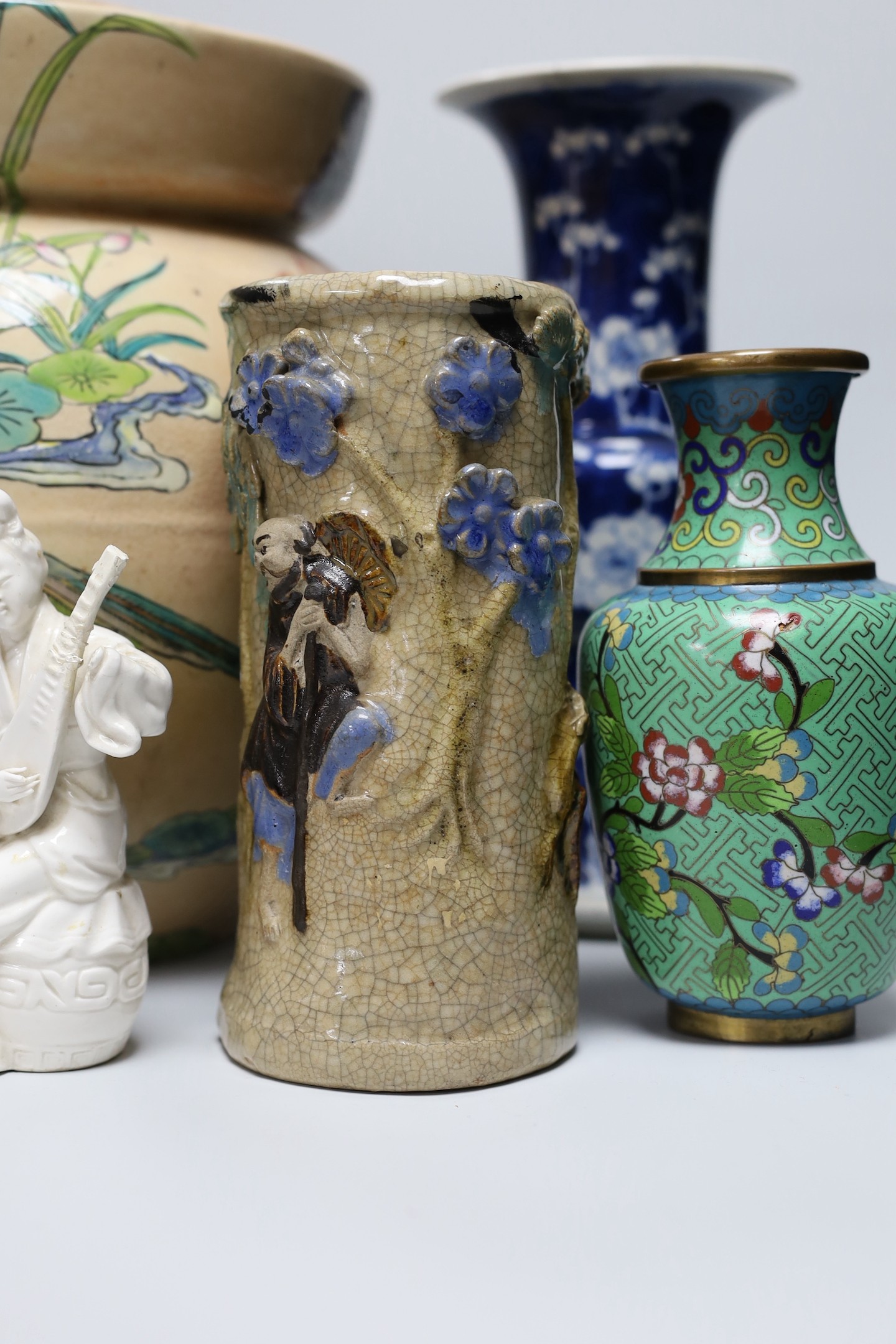 A Chinese blue and white gu vase, a baluster vase, a dish etc.
